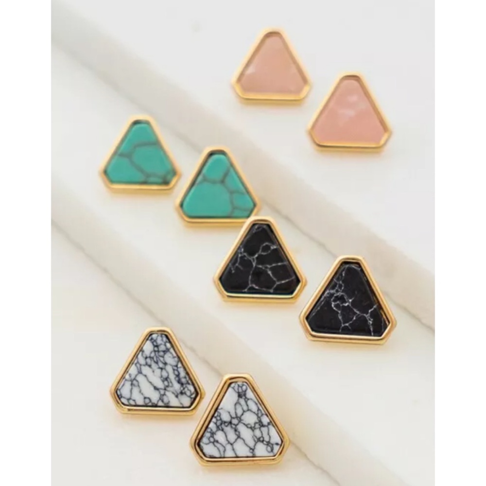 Black Natural Stone Triangle Stud Boho Earrings - Picture 3 of 3